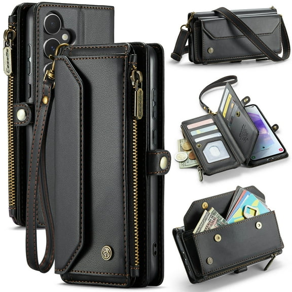 Dteck for Samsung A24 Case with RFID Blocking Wallet Case for Women Men, Shockproof PU Leather Magnetic Flip Strap Zipper Card Holder Phone Case,Black