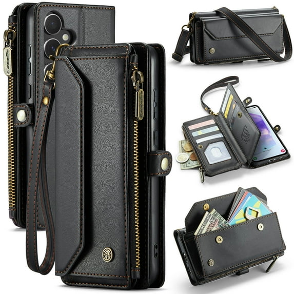 Dteck for Samsung A24 Case with RFID Blocking Wallet Case for Women Men, Shockproof PU Leather Magnetic Flip Strap Zipper Card Holder Phone Case,Black