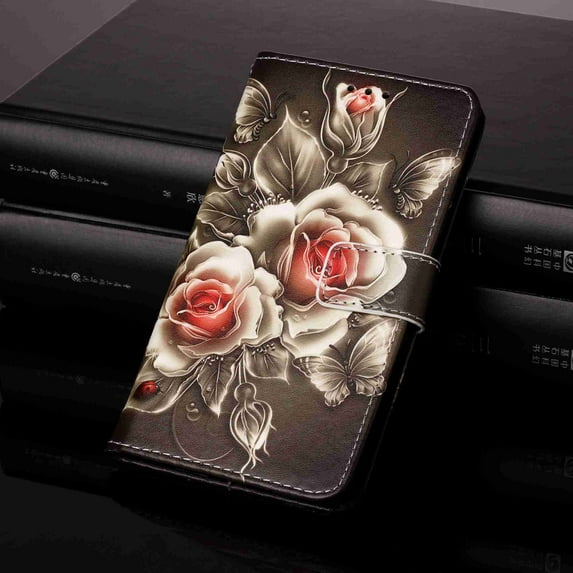Dteck for Samsung A32 5G Case, Magnetic Closure Wallet PU Leather with Card Holder Stand 3D Painted Design Phone Case for Samsung A32 5G 2021 (Black Rose)