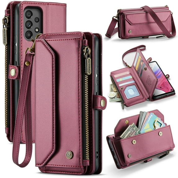 Dteck for Samsung A32 5G Case with RFID Blocking Wallet Case for Women Men, Shockproof PU Leather Magnetic Flip Strap Zipper Card Holder Phone Case,Winered