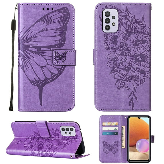 Dteck Samsung A32 Case 5G, Butterfly Patterned Wallet Case, Magnetic Hand Strap Credit Card Holder Slots Synthetic Leather Kickstand Protective Cover For Samsung Galaxy A32 5G, Lightpurple