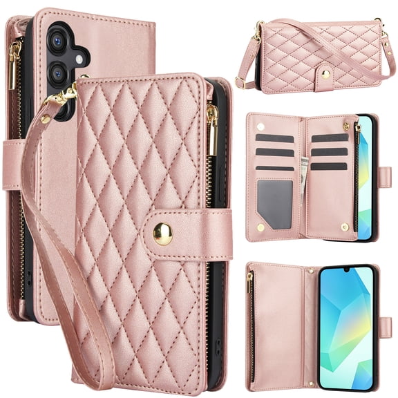 Dteck for Samsung A36 5G Case, Crossbody Shoulder Strap RFID Blocking Shockproof Magnetic Closure Flip Stand Card Slot Wallet Zipper Lanyard Phone Case Cover, Rosegold
