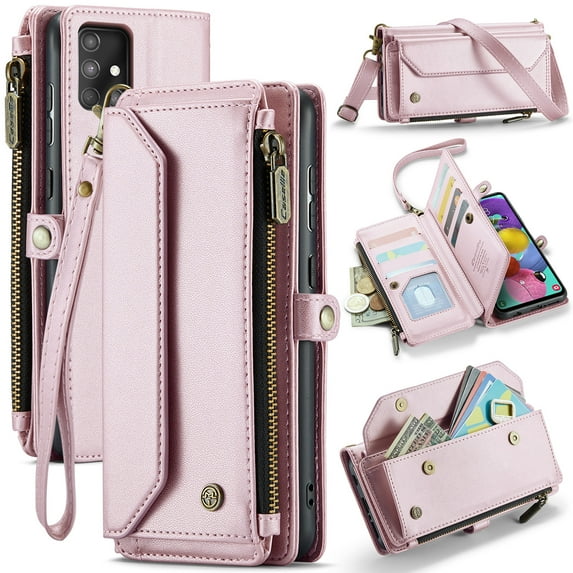 Dteck for Samsung A51 4G Case with RFID Blocking Wallet Case for Women Men, Shockproof PU Leather Magnetic Flip Strap Zipper Card Holder Phone Case,Pink
