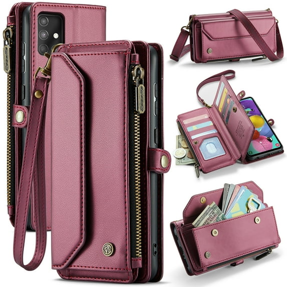 Dteck for Samsung A51 4G Case with RFID Blocking Wallet Case for Women Men, Shockproof PU Leather Magnetic Flip Strap Zipper Card Holder Phone Case,Winered