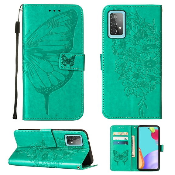 Dteck Samsung A52 Case, Butterfly Patterned Wallet Case, Magnetic Hand Strap Credit Card Holder Slots Synthetic Leather Kickstand Protective Cover For Samsung Galaxy A52, Green