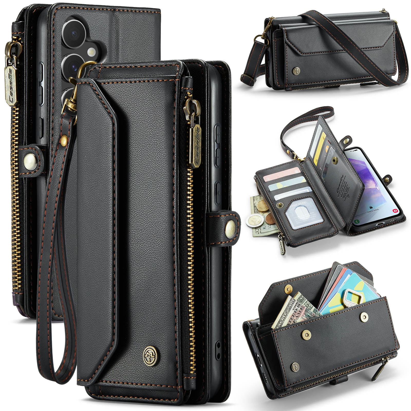 Dteck for Samsung A54 5G Case with RFID Blocking Wallet Case for Women Men, Shockproof PU Leather Magnetic Flip Strap Zipper Card Holder Phone Case,Black