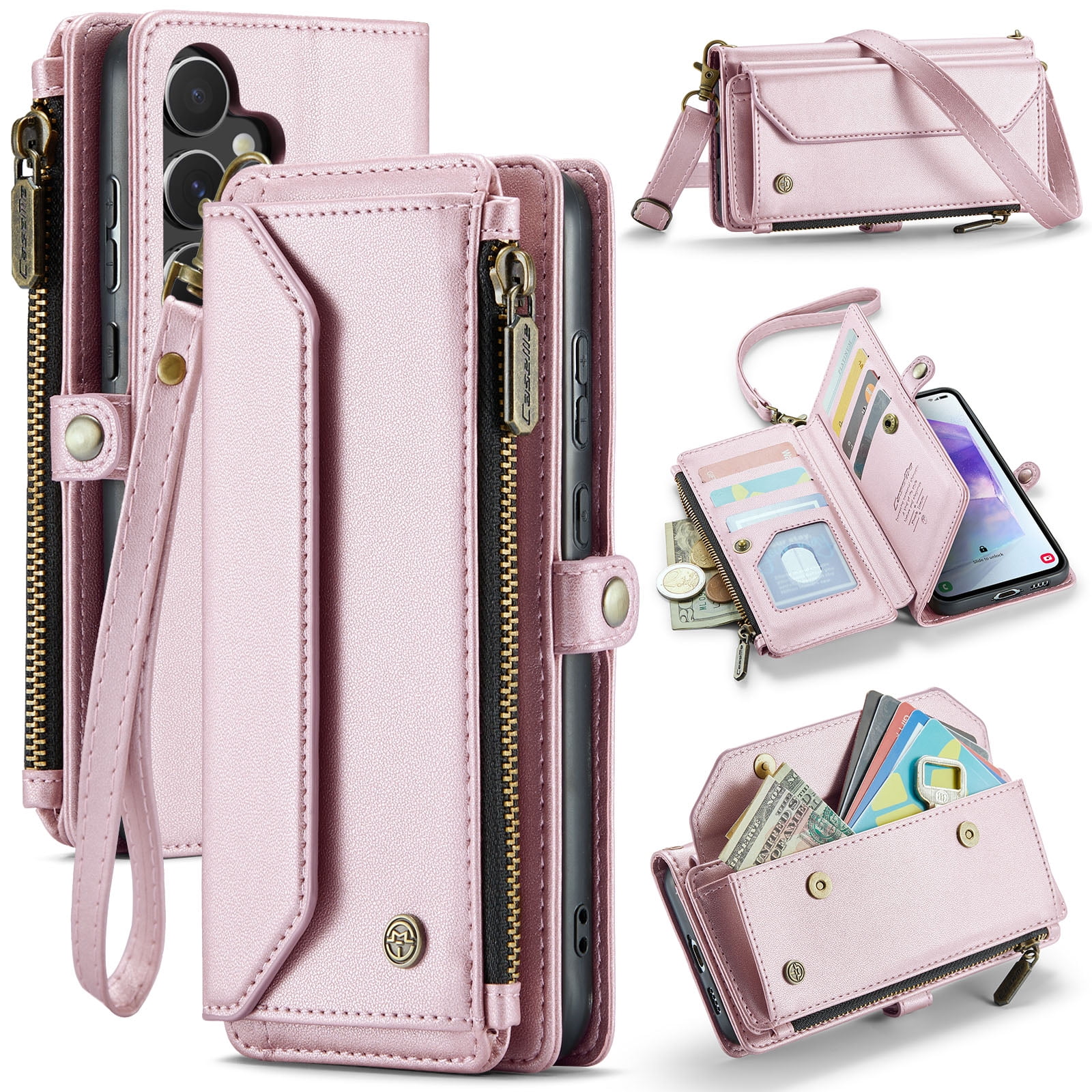 Dteck for Samsung A54 5G Case with RFID Blocking Wallet Case for Women Men, Shockproof PU Leather Magnetic Flip Strap Zipper Card Holder Phone Case,Pink