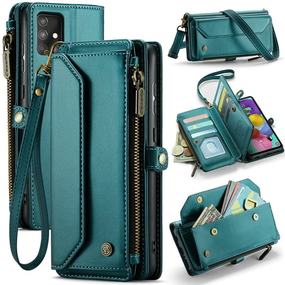 Dteck for Samsung A71 4G Case with RFID Blocking Wallet Case for Women Men, Shockproof PU Leather Magnetic Flip Strap Zipper Card Holder Phone Case,Green