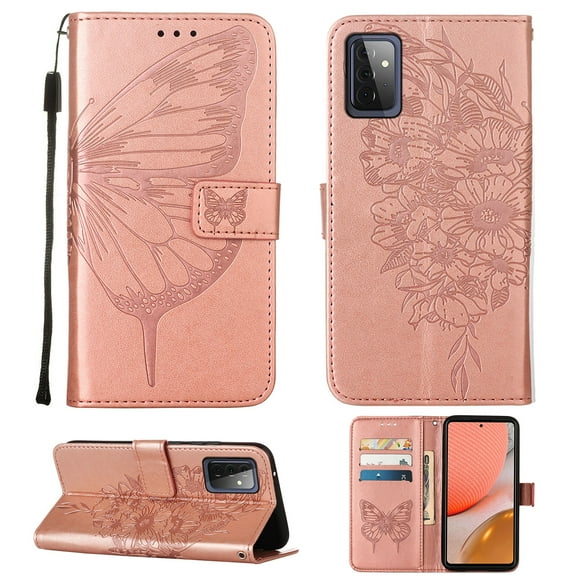 Dteck Samsung A72 Case, Butterfly Patterned Wallet Case, Magnetic Hand Strap Credit Card Holder Slots Synthetic Leather Kickstand Protective Cover For Samsung Galaxy A72, Rosegold