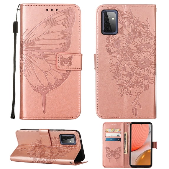 Dteck Samsung A72 Case, Butterfly Patterned Wallet Case, Magnetic Hand Strap Credit Card Holder Slots Synthetic Leather Kickstand Protective Cover For Samsung Galaxy A72, Rosegold