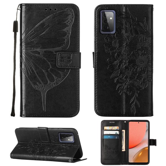 Dteck Samsung A72 Case, Butterfly Patterned Wallet Case, Magnetic Hand Strap Credit Card Holder Slots Synthetic Leather Kickstand Protective Cover For Samsung Galaxy A72, Black