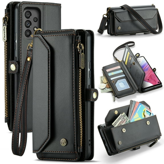 Dteck for Samsung A72 Case with RFID Blocking Wallet Case for Women Men, Shockproof PU Leather Magnetic Flip Strap Zipper Card Holder Phone Case,Black