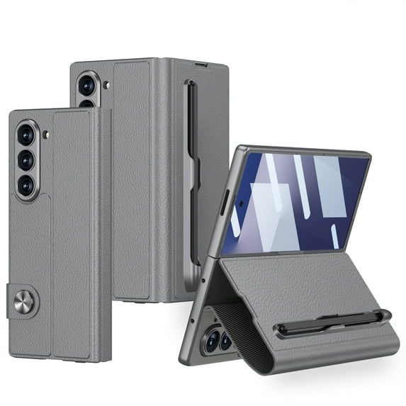 Dteck For Samsung Galalxy Fold 7 Case with S Pen Slot & Card Slot, Magnetic Full Body Screen Protector Kickstand Closure PU Leather Anti-Drop Grip Wallet Full Body Protective Cover, Gray