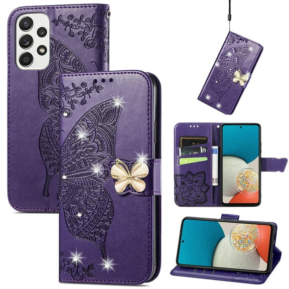 Dteck for Samsung Galaxy A03S Wallet Case, Diamond 3D Butterfly Embossed PU Leather Folio Flip Stand Cover with Wristlet Strap for Samsung Galaxy A03s, Purple