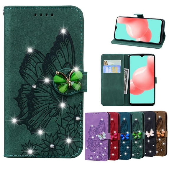 Dteck for Samsung Galaxy A03s Wallet Phone Case Pouch PU Leather Flip Folio Cute Diamond Butterfly Embossed Design Cover with Kickstand Card Slot Wrist Strap Compatible with Samsung Galaxy A03s,Green