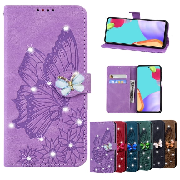 Dteck for Samsung Galaxy A03s Wallet Phone Case Pouch PU Leather Flip Folio Cute Diamond Butterfly Embossed Design Cover with Kickstand Card Slot Wrist Strap Compatible with Samsung Galaxy A03s,Purple