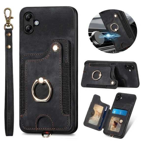 Dteck for Samsung Galaxy A05 Case Wallet with Card Holder, RFID Blocking PU Leather Protective Case with Ring Holder Stand Wrist Strap for Samsung Galaxy A05,Black