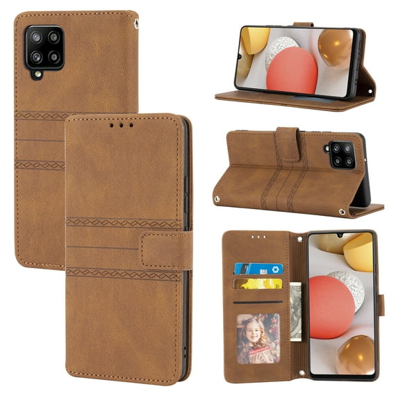Dteck for Samsung Galaxy A12 5G(6.5 inch) Wallet Case with Wrist Strap,Shockproof PU Leather Flip Holder Card Slots Soft TPU Magnetic Clasp Folio Phone Cover,Brown