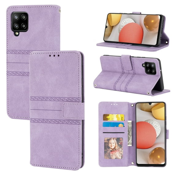 Dteck for Samsung Galaxy A12 5G(6.5 inch) Wallet Case with Wrist Strap,Shockproof PU Leather Flip Holder Card Slots Soft TPU Magnetic Clasp Folio Phone Cover,Lightpurple