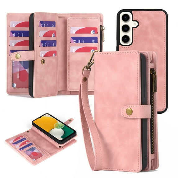 Dteck for Samsung Galaxy A12 5G Wallet Case with Card Holder, Detachable Magnetic Phone Case with Zipper Pocket PU Leather Wallet Phone Case for Galaxy A12 5G for Women Men with Wrist Strap,Pink