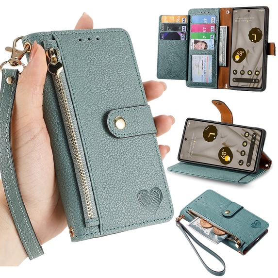 Dteck for Samsung Galaxy A12 5G Wallet Case, PU Leather Flip Folio Case with 7 Card Holders Zipper Pocket RFID Blocking Kickstand Shockproof TPU Inner Shell Phone Cover for Galaxy A12 5G,Green