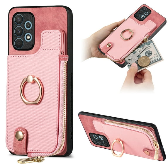 Dteck for Samsung Galaxy A12 5G Zipper Wallet Case, Shockproof with Card Holders Flip Premium PU Leather Card Slots with 360°Rotation Ring Stand Protective Phone Cover, pink
