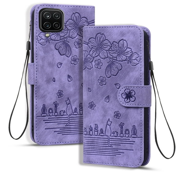 Dteck for Samsung Galaxy A12 Case, PU Leather Embossed Comic Flip Wallet Case with Cart Slot Hand Strap and Kickstand Shockproof Protective Case for Samsung Galaxy A12 6.5" 2020 Women Men, Purple