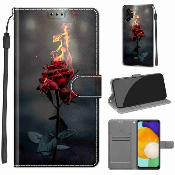 Dteck for Samsung Galaxy A13 4G Wallet Case, Shockproof Fashion 3D Painted Pattern Premium PU Leather Wrist Strap Magnetic Card/Cash Slots Stand Flip Protective Cover, Fire Rose
