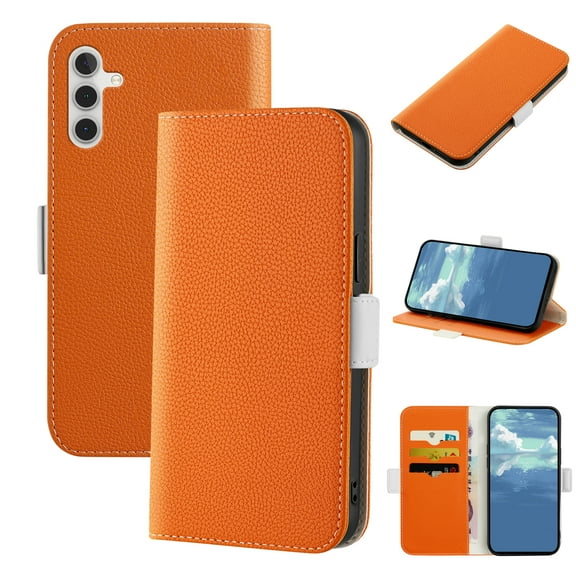 Dteck for Samsung Galaxy A13 5G 6.5 inch Case,Drop Protection Magnetic Closure Flip Holder ID Credit Card Slots Wallet Lychee Texture Leather Slim Phone Cover,Orange
