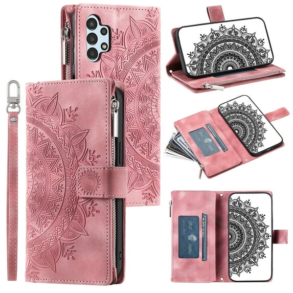 Dteck for Samsung Galaxy A13 5G 6.5 inch Case Wallet RFID Blocking Card Slot Photo Frame Magnetic Wristlet Zipper Kickstand Soft Leather Flip Case for A13 4G,Pink