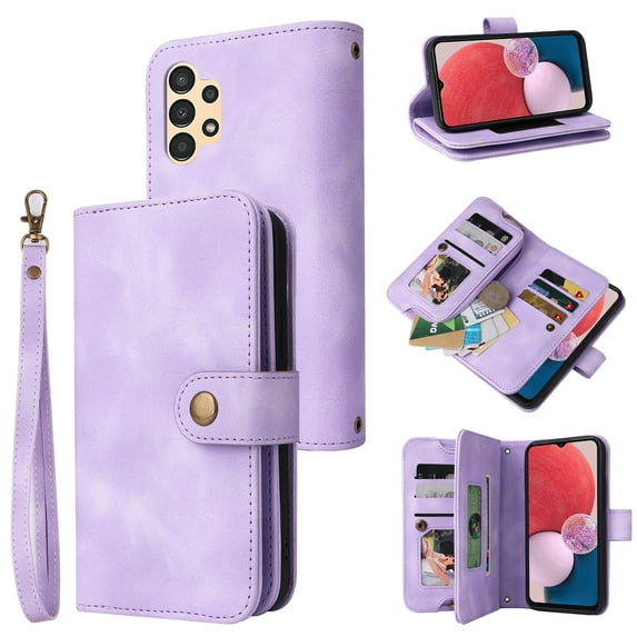 Dteck for Samsung Galaxy A13 5G Case, Samsung A13 4G Wallet Case for Women Men, Sturdy PU Leather Case Magnetic Flip Zipper Card Holder Wristlet Strap Kickstand Phone Case,Purple