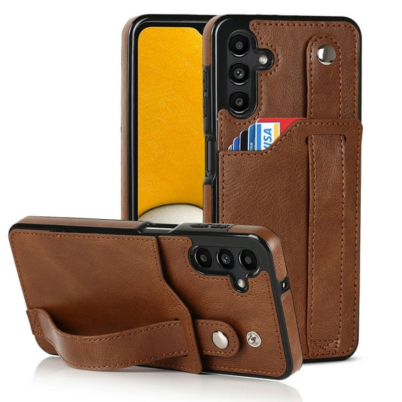 Dteck for Samsung Galaxy A13 5G Slim Case, Shockproof Premium PU Leather Soft TPU Business Cover with Wrist Strap Kickstand Flip Stand Protection Case, brown