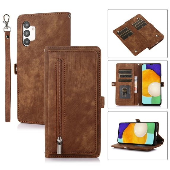 Dteck for Samsung Galaxy A13 Case, PU Leather Magnetic Flip Zipper Wallet Case with Cart Slot Hand Strap and Kickstand Shockproof Protective Case for Samsung A13 6.6" Ladies Women Men, Brown