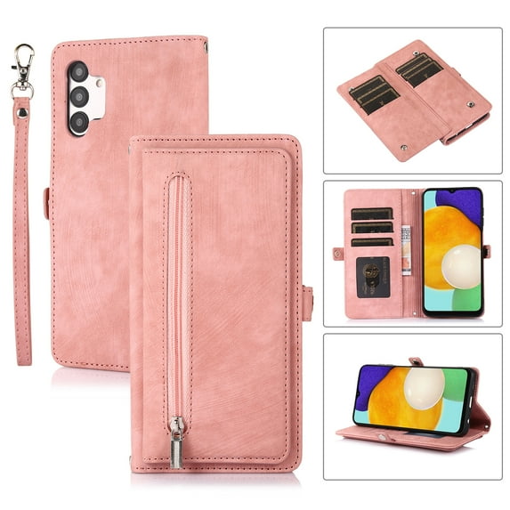 Dteck for Samsung Galaxy A13 Case, PU Leather Magnetic Flip Zipper Wallet Case with Cart Slot Hand Strap and Kickstand Shockproof Protective Case for Samsung A13 6.6" Ladies Women Men, Rosegold