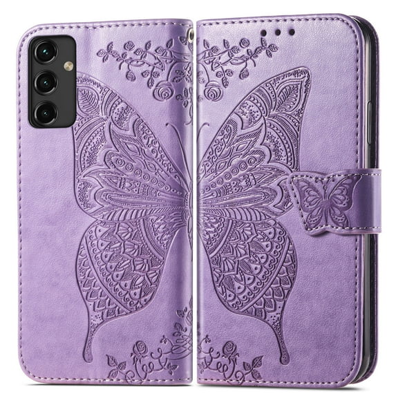 Dteck for Samsung Galaxy A14 5G Case, Embossed Butterfly Pattern PU Leather Folio Flip Case with Credit Card Slots Wrist Strap for Samsung A14 5G,Light Purple