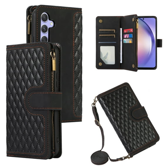 Dteck for Samsung Galaxy A14 5G Case, Samsung A14 Wallet Case with 9 Card Slots, PU Leather Magnetic Flip Zipper Purse Wristlet Strap Crossbody Lanyard Kickstand Phone Case for Galaxy A14,Black