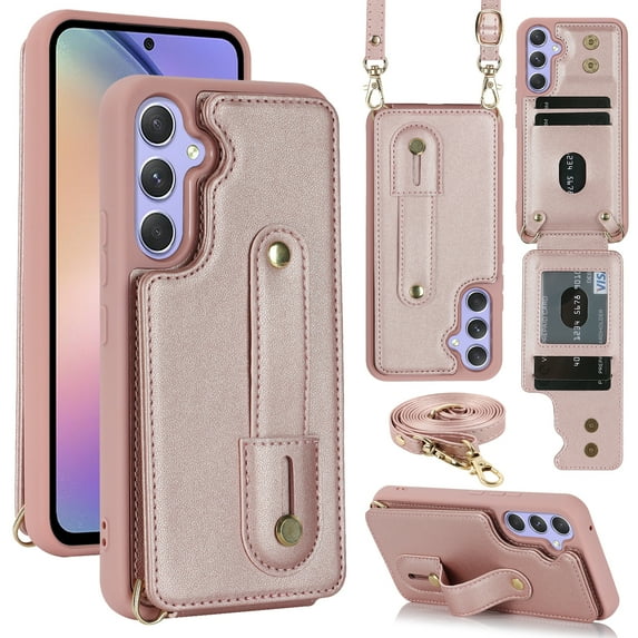 Dteck Samsung Galaxy A14 5G Case Wallet with RFID Blocking Card Slots, Crossbody Leather Detachable Shoulder Strap Flip Case with Magnetic Clasp and Kickstand for Men Women,Rosegold