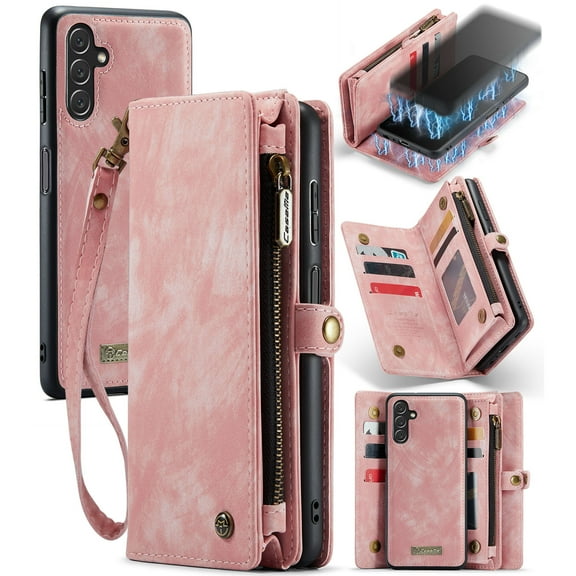 Dteck for Samsung Galaxy A14 5G Case, Wallet for Women Men, Durable Vintage Detachable PU Leather Magnetic Flip Lanyard Strap Wristlet Zipper Card Holder Kickstand Phone Case for Samsung A14 5G,Pink