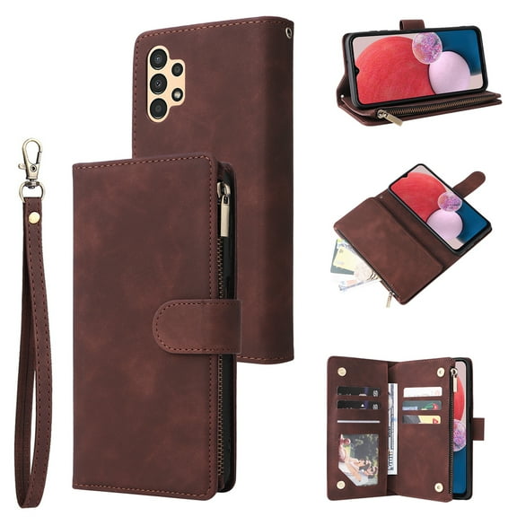 Dteck for Samsung Galaxy A14 5G Case Wallet with Zipper Pocket, Galaxy A14 5G Leather Case, PU Leather Card Holder Folio Flip Cover with Wrist Strap for Samsung Galaxy A14 5G,Coffee