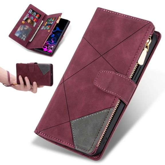 Dteck Samsung Galaxy A14 5G Case Wallet with Zipper Pocket, Premium Soft PU Leather Flip Folio Case with Wrist Strap Kickstand Protective Cover for Samsung Galaxy A14 5G Wallet Case,Winered