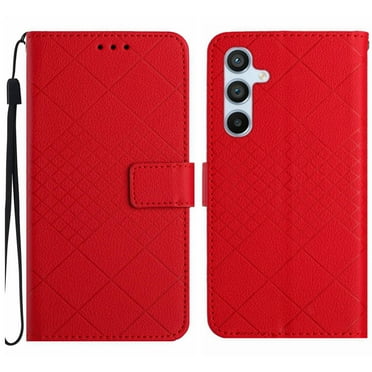 Dteck for Samsung Galaxy A14 5G Magnetic Case, Premium PU Leather Folio Flip Wallet Case with Card Holder Cash Slot Lanyard Strap Kickstand Function Embossed Pattern Slim Shockproof Cover, red