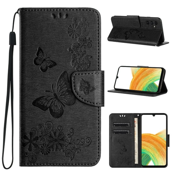 Dteck for Samsung Galaxy A15 5G, Embossed Butterfly PU Leather Folio Cover Magnetic Shockproof Protective Card Slots Holder Wallet Case for Galaxy A15,Black