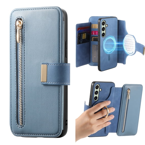 Dteck for Samsung Galaxy A15 5G Wallet Case with Card Holder, RFID Blocking PU Leather Flip Cover Ring Holder Zipper Credit Card Slots, 2 in 1 Detachable Phone Case Compatible with MagSafe,Blue