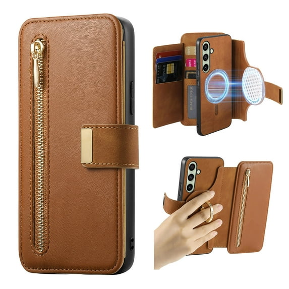 Dteck for Samsung Galaxy A15 5G Wallet Case with Card Holder, RFID Blocking PU Leather Flip Cover Ring Holder Zipper Credit Card Slots, 2 in 1 Detachable Phone Case Compatible with MagSafe,Brown