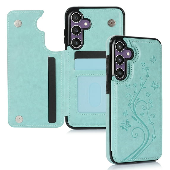 Dteck for Samsung Galaxy A15 Case with Card Holder,Flower Magnetic Back Flip Case for Samsung Galaxy A15 Wallet Case for Women,Protective Case Phone Case for Samsung Galaxy A15 5G,Mint Embossing