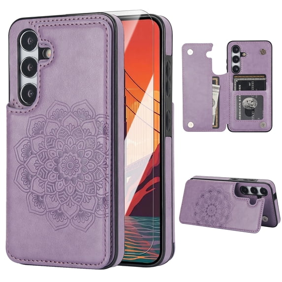 Dteck for Samsung Galaxy A15 Case with Screen Protector, A15 Wallet Case with Card Holder, Flower Magnetic Back Flip Case for Women,Protective Case Phone Case for Samsung Galaxy A15 5G (2024),Purple