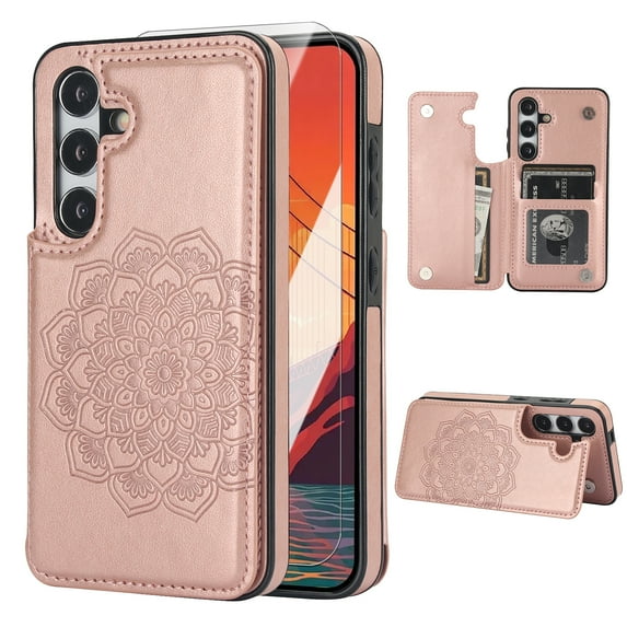 Dteck for Samsung Galaxy A15 Case with Screen Protector, A15 Wallet Case with Card Holder, Flower Magnetic Back Flip Case for Women,Protective Case Phone Case for Samsung Galaxy A15 5G (2024),Rosegold