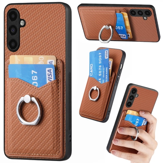 Dteck for Samsung Galaxy A15 Case Wallet with Card Holder, Fiber Pattern Leather Cover 360°Rotation Ring Kickstand Protective Bumper Designed for Women Men for Samsung Galaxy A15 5G,Brown