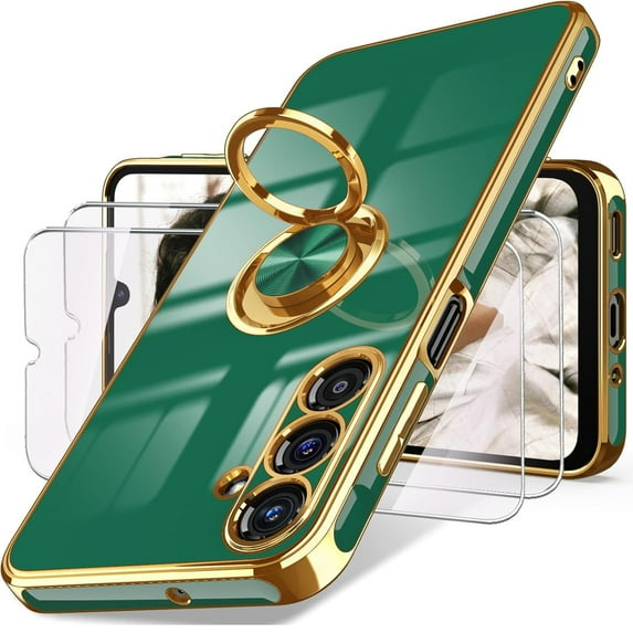 Dteck for Samsung Galaxy A16 5G Case with 2 Pack Screen Protector, 360° Rotatable Ring Holder Plating Gold Edge Slim Soft Phone Cover Case for Galaxy A16,Green