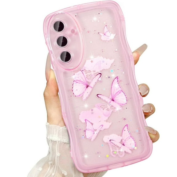 Dteck for Samsung Galaxy A16 5G Case, Cute Case with Star Glitter Butterfly, Clear Shiny Bling Soft TPU Shockproof Phone Protective Cover for Women Girls,Pink